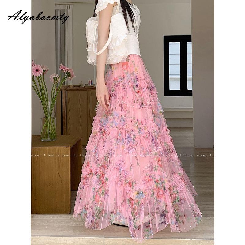 Korean Style Spring Summer Women Midi Ruffles Skirt Apricot Colorful Print Tiered Skirt Elegant Feminine Beading Party Princess Skirts Womens