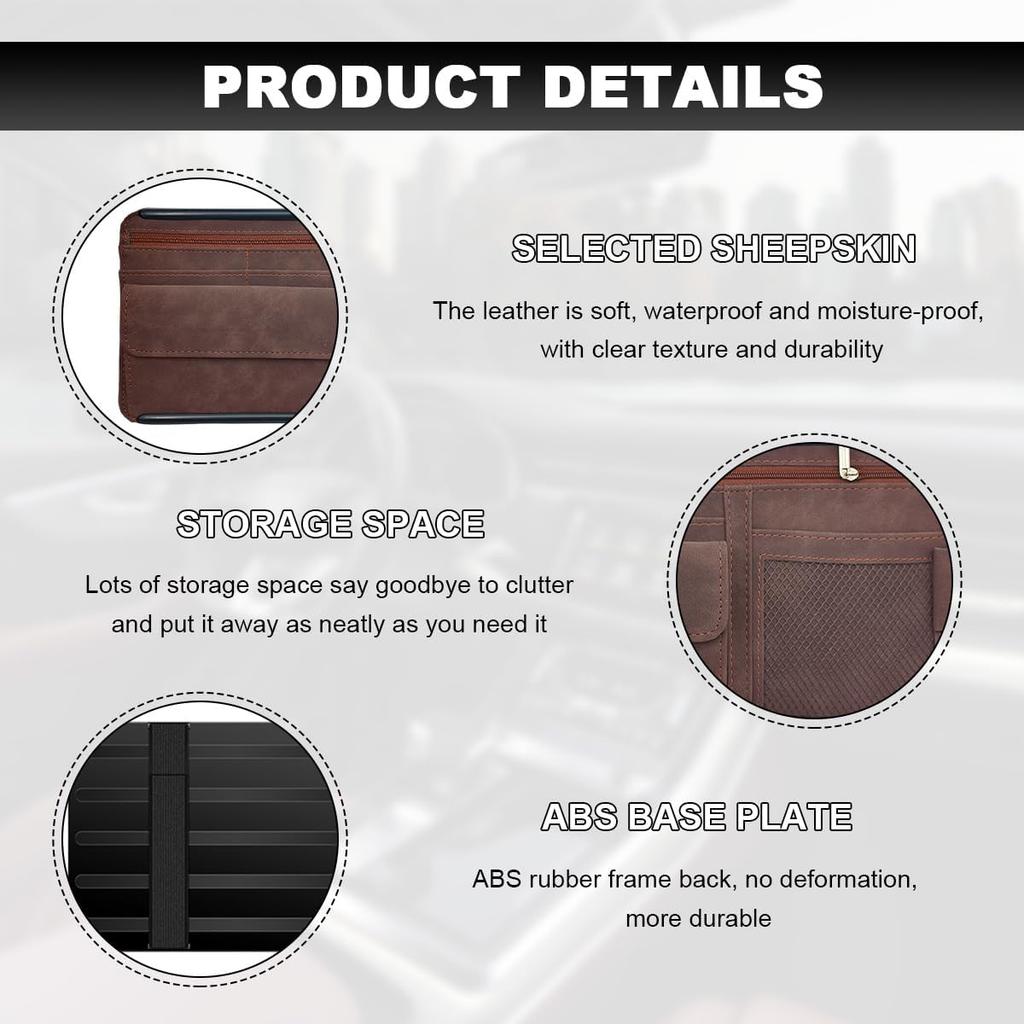 Car Sun Visor Organizer, Leather Sun Visor Pocket Organizer Case With Multi-Pocket Net Zipper, Suede Note Holder Car Visor Storage Pouch For Card Pen