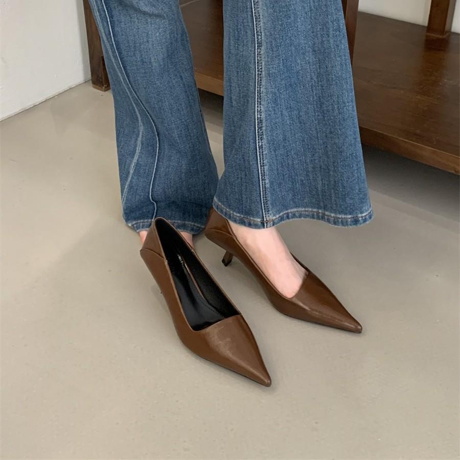 2025 Autumn Pointed Stiletto High Heels One-pedal French Kitten Heel Single Shoes Light Mouth Temperament Commuter Work Shoes
