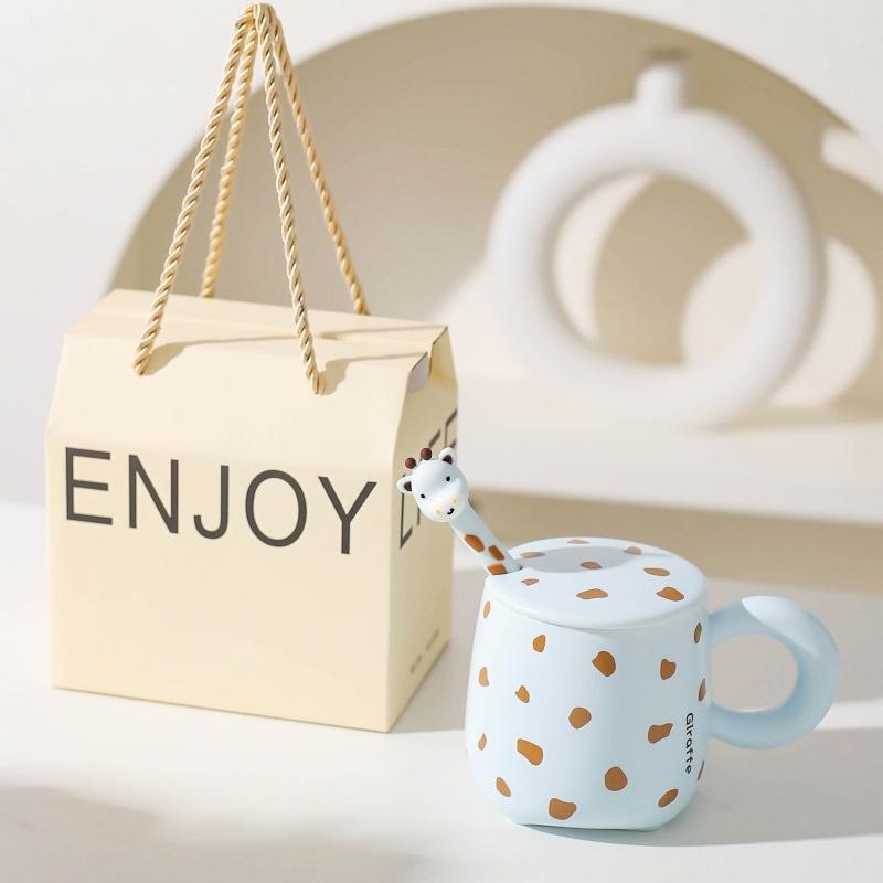 Kreative Niedliche Keramiktasse mit Deckel und Löffel Kinder Trinkwasserbecher Paar Tasse Milch Kaffeetasse für Mädchen