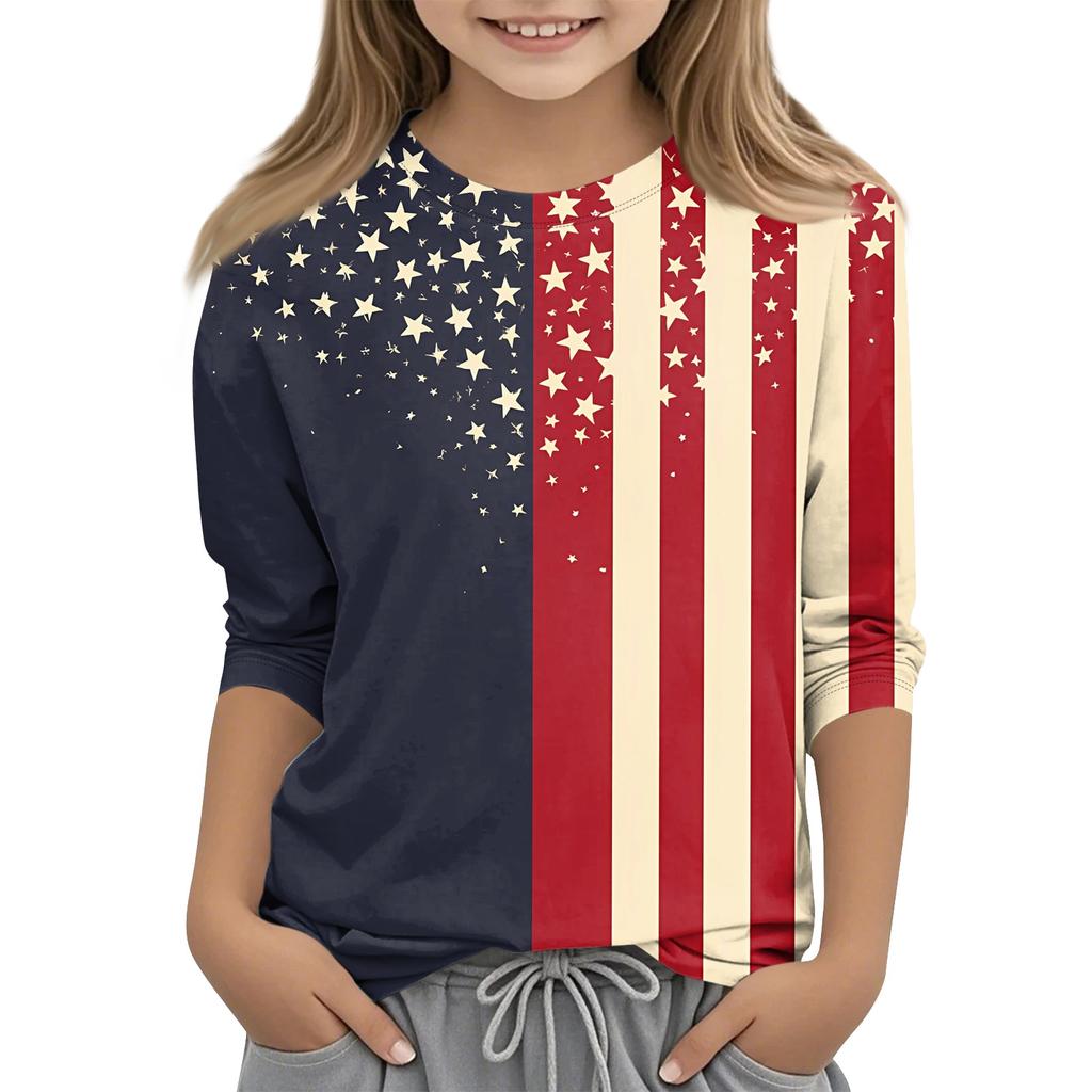 Kinder 3/4 Ärmel Tops Casual Print T Shirt Rundhals Pullover Bluse