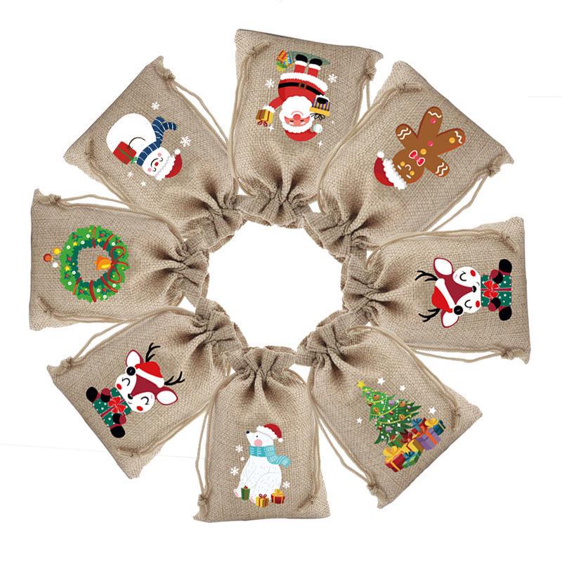 Jute-Style Christmas Gift Bag with Drawstring Closure - Small Candy & Apple Storage