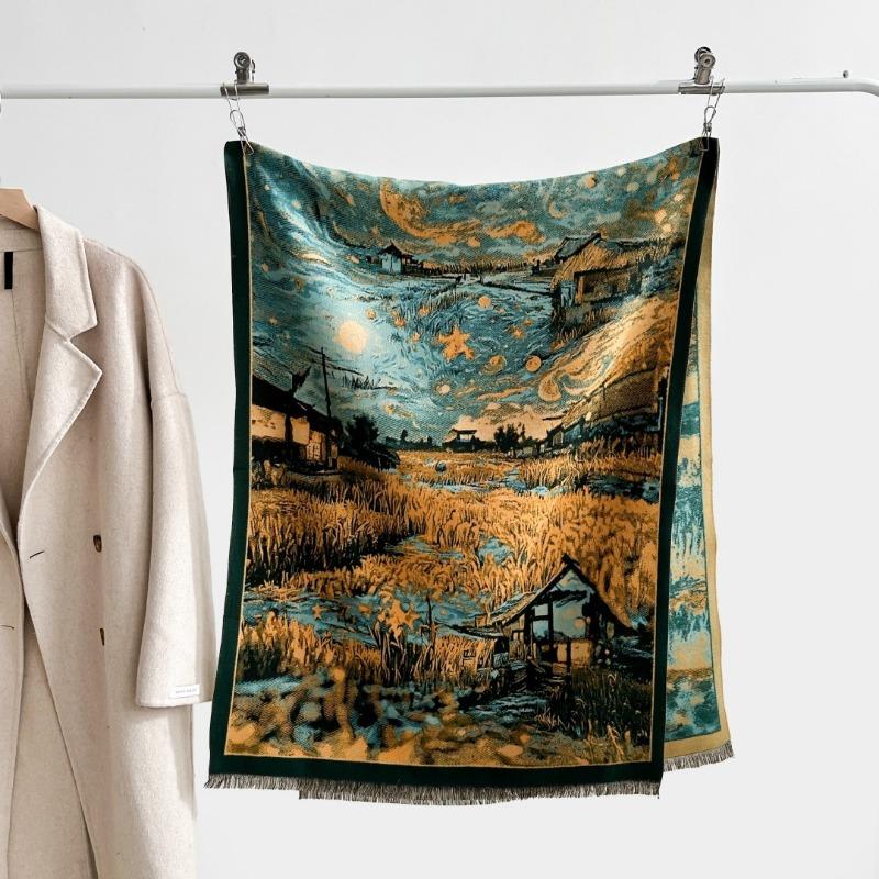 Autumn and winter new double-sided color oil painting series imitation cashmere thickened warm scarf women's air conditioner shawl