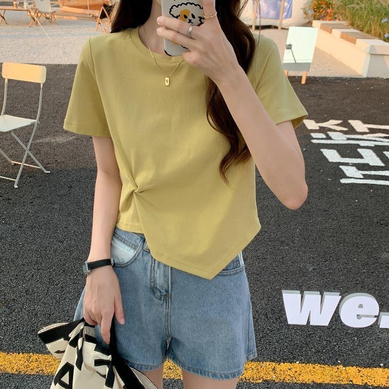 Short Scheming Design Slim Base Shirt Solid Color Top for Women Summer High Waist Navel Exposed Irregular Short-sleeved T-shirt for Women