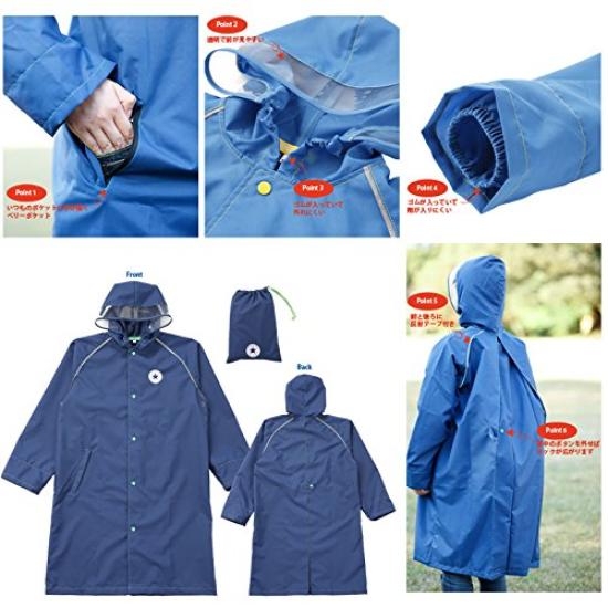 ogawa Converse Adjustable Reflective Transparent Elastic Belly Pocket for Easy Access To Pants Size 20094 Kids' Raincoat, 130cm, Black, Tape, Window,