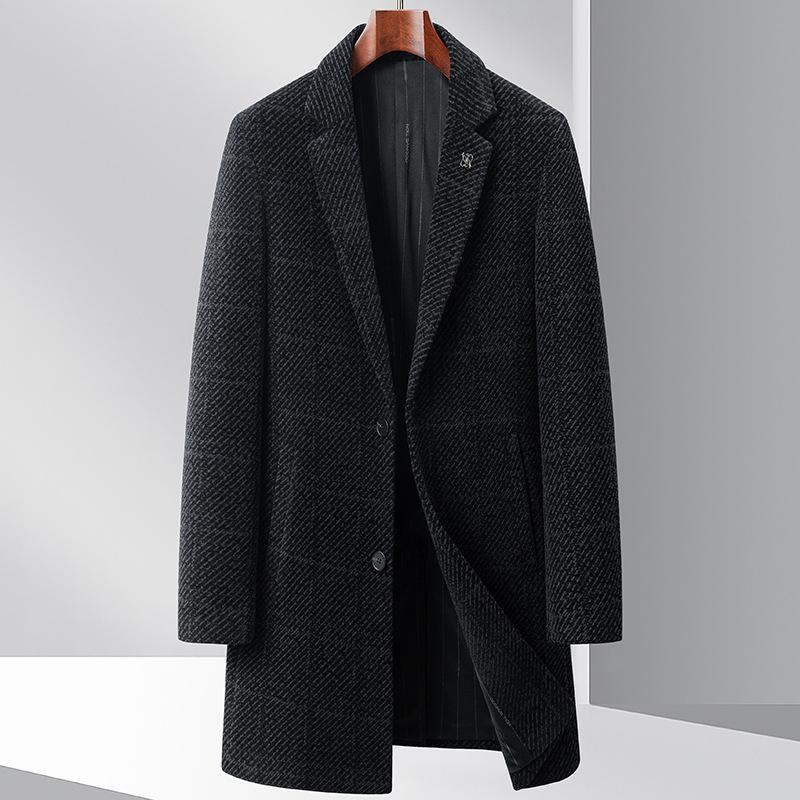 Autumn and Winter Medium and Long Chenille Trench Coat Middle-aged Business Plaid Casual Warm Dad Coat