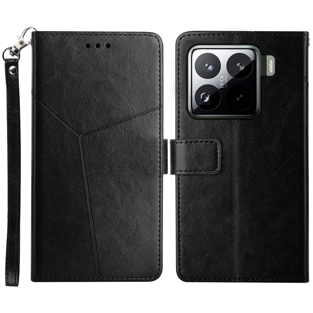 For Xiaomi 15 Case with Wrist Strap Y Shaped Lines Imprint Leather Phone Cover