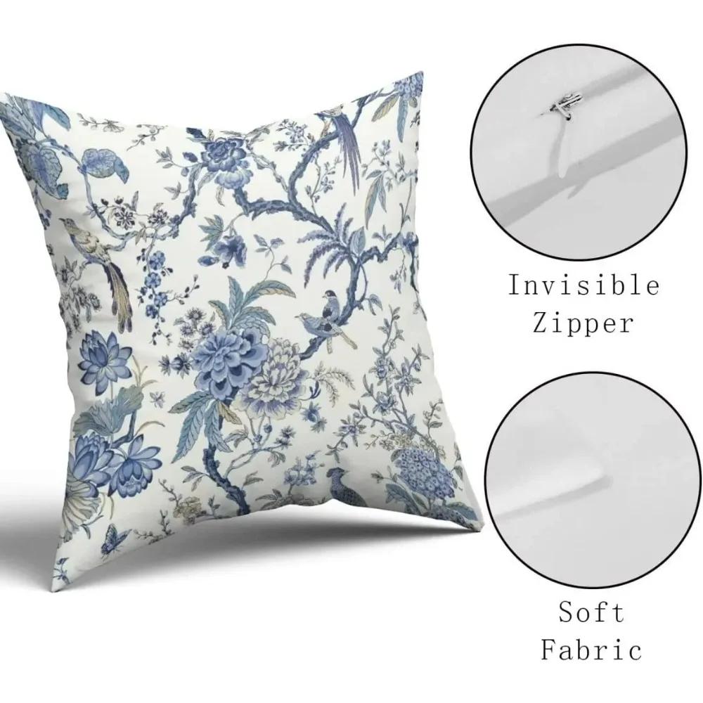 Chinoiserie Kissenbezüge Set aus 2 Stück Blau und Weiß Außen Bule Vögel Blumen Wurf 18x18 Zoll Baumwolle Quadratisch Kissenbezug