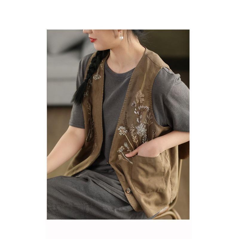 Women Floral Embroidered V Neck Button Front Cotton Vest