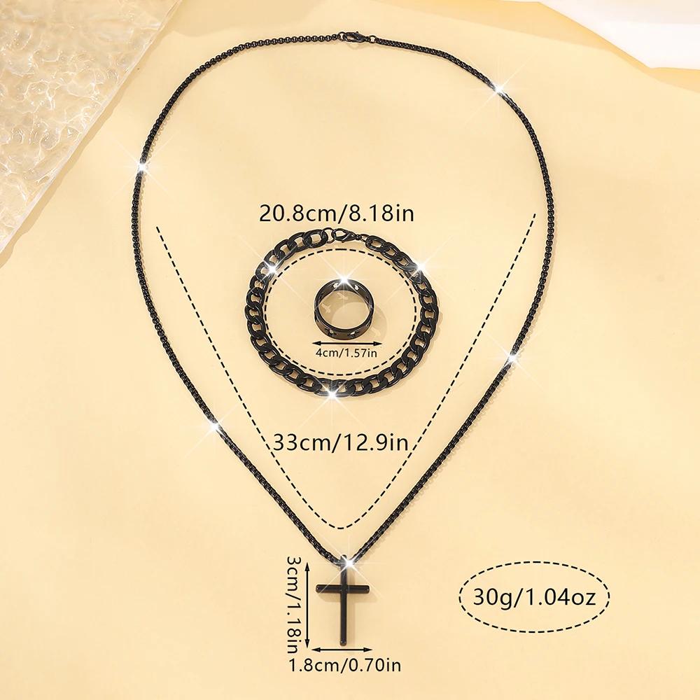 3 Adet Set Erkek Paslanmaz Çelik Metal Haç Kolye Zincir Kolye Bileklik Yüzük Takı Seti Erkek Hip Hop Günlük Giyim Aksesuarları