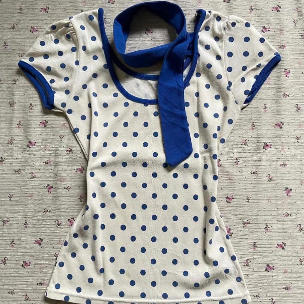 Retro Blue Polka Dot Slim Fit Short Sleeve T-Shirt
