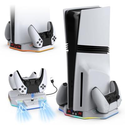 PS5 Pro/PS5 Slim Compatible Vertical Stand [New PS5 Pro/Slim Compatible] Lwuckbarrt PS5 Controller Charging Stand with Multi-Function Cooling Fan, Cha