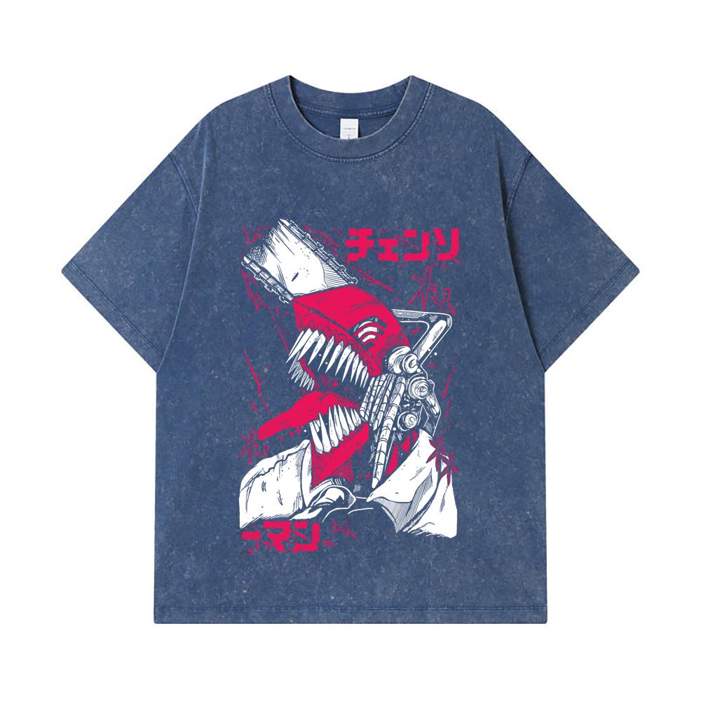 

275 GSM Washed T-shirts 100% Cotton Chainsaw Man V16 Denji Print Unisex Heavy Cotton T Shirt 2XL