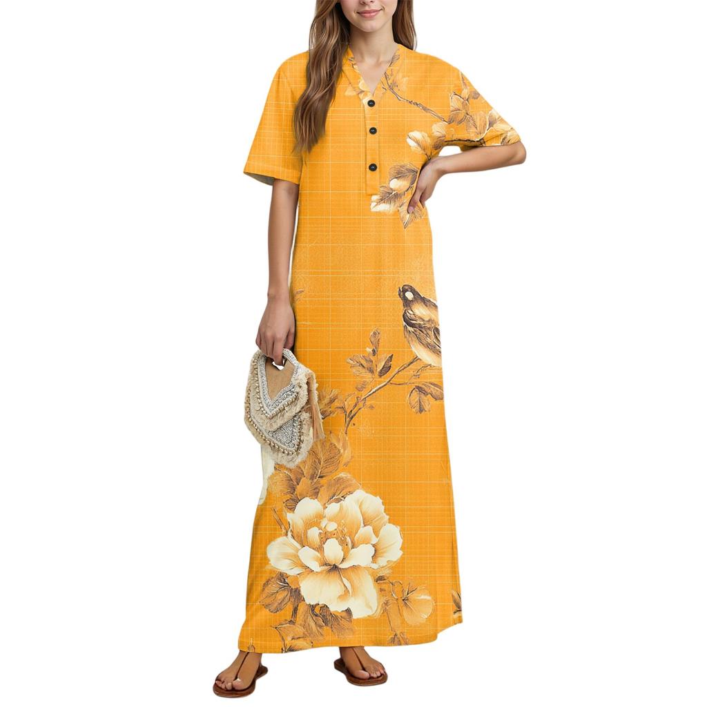 Women's Fashion Printed Nightgown Home Clothes Short Sleeve Nightgown With Pockets Long Dress