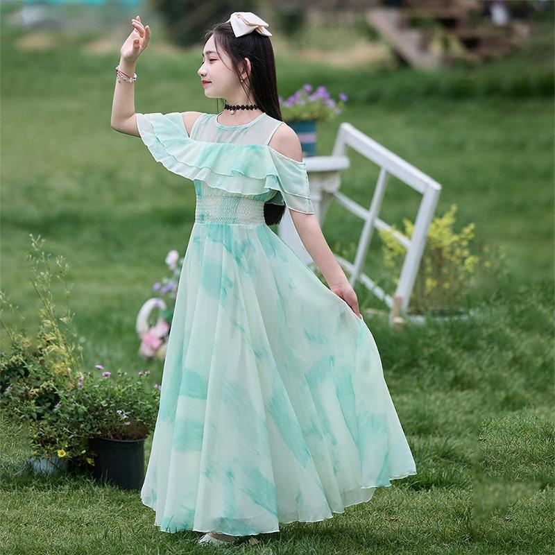 Süßes einfarbiges Prinzessinnenkleid mit kurzen Ärmeln in A-Linie für kleine Mädchen