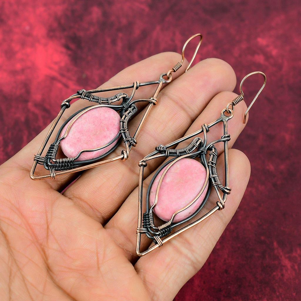 Thulite Gemstone Earring Copper Wire Wrapped Earring Handmade Copper Jewelry Latest Design Earrings Amazing Wire Wrap Jewelry Wedding Gifts