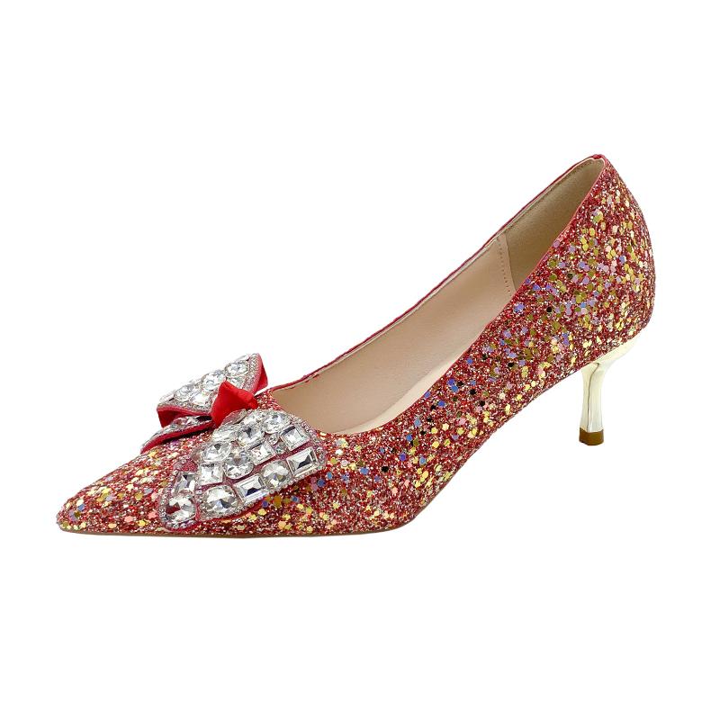 

Rimocy Red Shiny Sequins Thin Heel Pumps Women 2025 Fashion Crystal Bow Wedding Party Shoes Woman Bling High Heeled Bridal Shoes 34