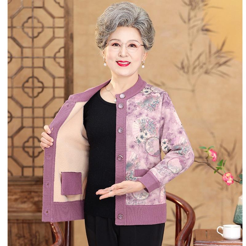 Autumn and Winter Clothes Color Cardigan Old Coat In the Elderly Mother Clothing Old Lady Velvet Warm Grandma