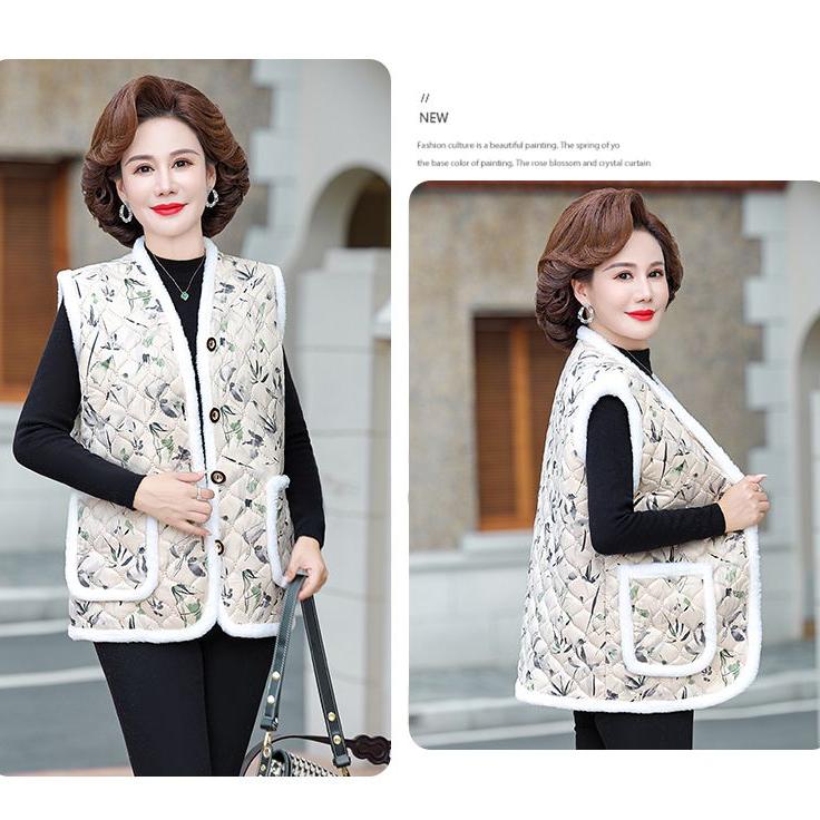 Autumn Winter Women's Flocking Vest Thick Warm Printed Fleece Cardigan Vest Outwear