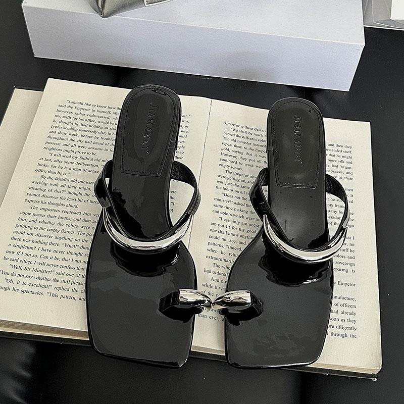 Fashion New Fashion Metal Women Low Heel Slippers Summer Beach Slides Sandals Square Toe Ladies Heeled Slippers Shoes Female Pumps