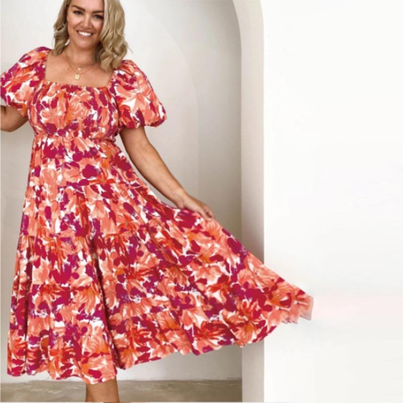 2 new women's bohemian print one-word shoulder holiday style sexy loose dress