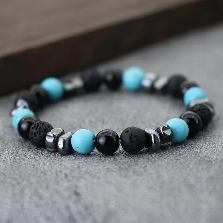 Natural Hematite Stone Beaded Bracelet Men Handmade Unfading Strand Braclet Jewelry  Healing Office Leisure Homme Accessories