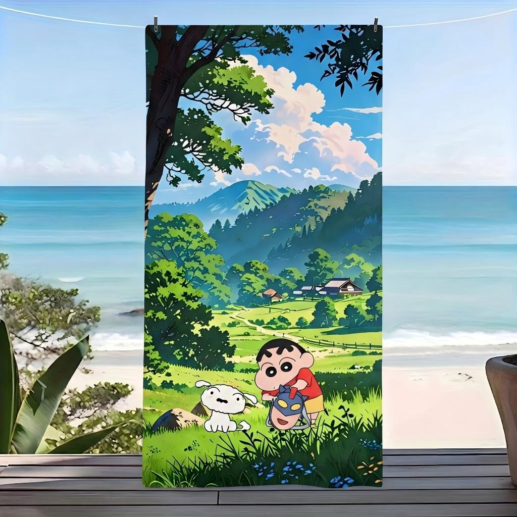 Crayon Shin Chan Microfiber Beach Towel Shinchan Shiro Dog Mountain Village Print Quick Dry Sand Free Kids Pool Bath Travel Gift