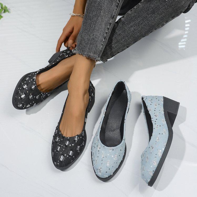 European and American foreign trade large size spring new shallow single shoes women's shoes rubber middle heel shallow mouth polka dot casual shoes