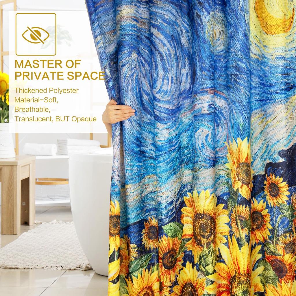 Shower Curtain Starry Night, Sunflowers Shower Curtain For Bathroom, Showercurtain Set With 12 Hooks Waterproof Polyester Fabric