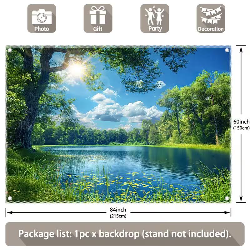 2D Summer Lake Backdrop, Green Forest with Sunlight Photography Background