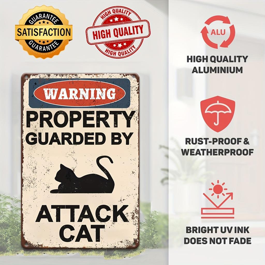 Attacking Cat Warning Sign - Vintage Aluminum Yard Sign for Outdoor Wall Decor - Multipurpose Wall Mounted Metal Plaque