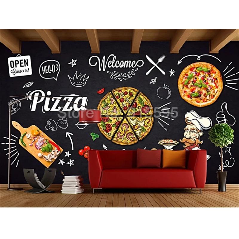 3d Photo Wallpaper Black Hand Painted Pizza Shop Wall Mural Restaurant Menu Dining Room Wall Paper Decor