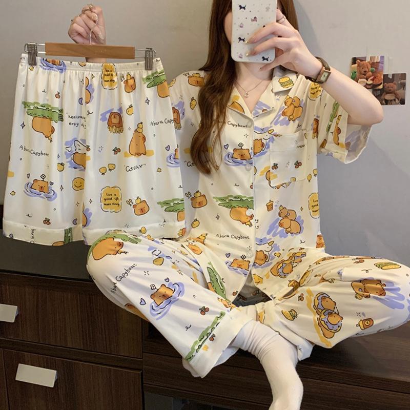 

Буддийская капибара Летняя пижама для девочек Кардиган с коротким рукавом Тонкий Милый стиль Домашняя одежда Набор из трех предметов M