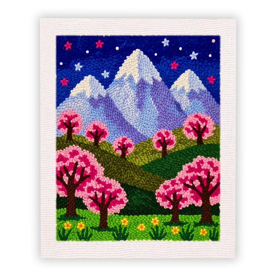 Punch Needle Embroidery Starter Kits With Frame For Beginner Cherry Blossom Landscape Sewing Diy Kit Poking Yarn Painting 25x30c