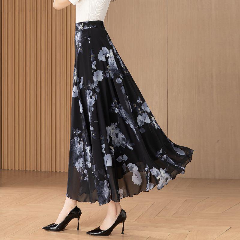 New Summer Retro Ethnic Style Ink-print Chiffon Skirt Women's Long Skirt High Waist A-line Skirt