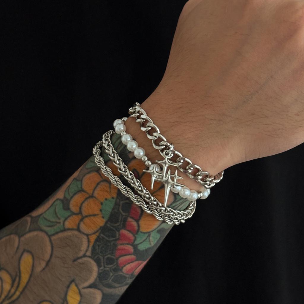 Hip-Hop Personality Four-Pointed Star Bracelet for Men Trendy Fashion Niche Pearl Braided Chain Bracelet Men's Jewelry