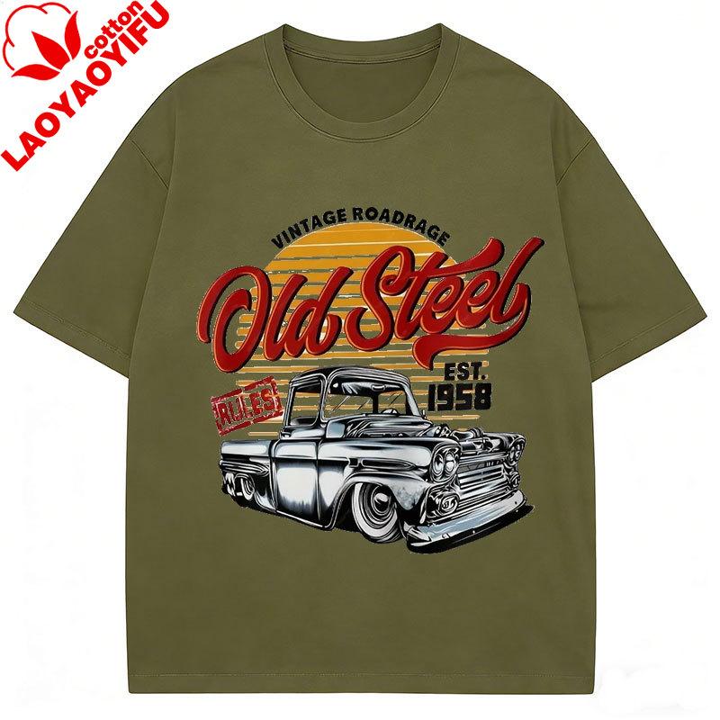 Unisex Retro Auto T-Shirt Altes Stahlmuster Print Shirt Vintage Stil Lässige Passform Maschinenwaschbar Rundhals Ropa Hombre