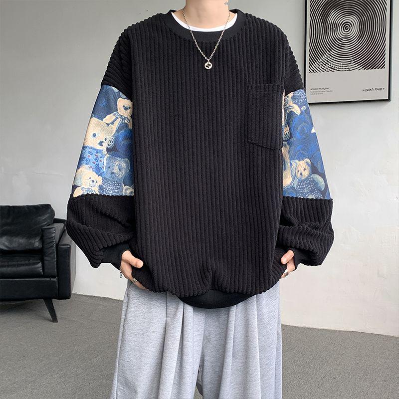 Men's White Corduroy Hoodie with Little Bear Embroidery, Heavyweight Plus Velvet, New Chinese Style, Thickened for Autumn/Winter.
