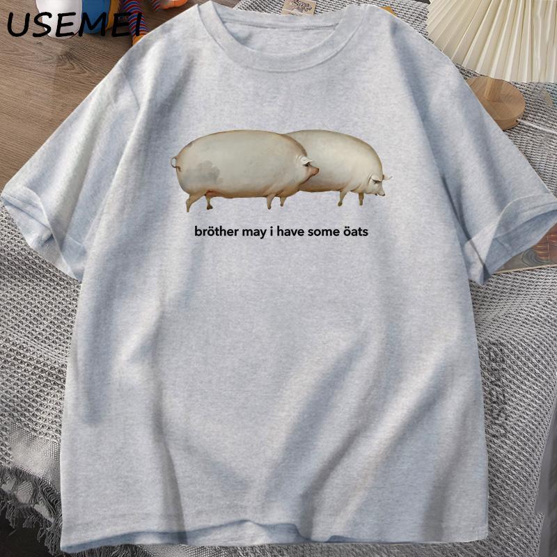 Brother May I Have Some Oats T-shirt Men Funny Pig Graphic Tees Harajuku Loose Casual Short Sleeves Printed T Shirts