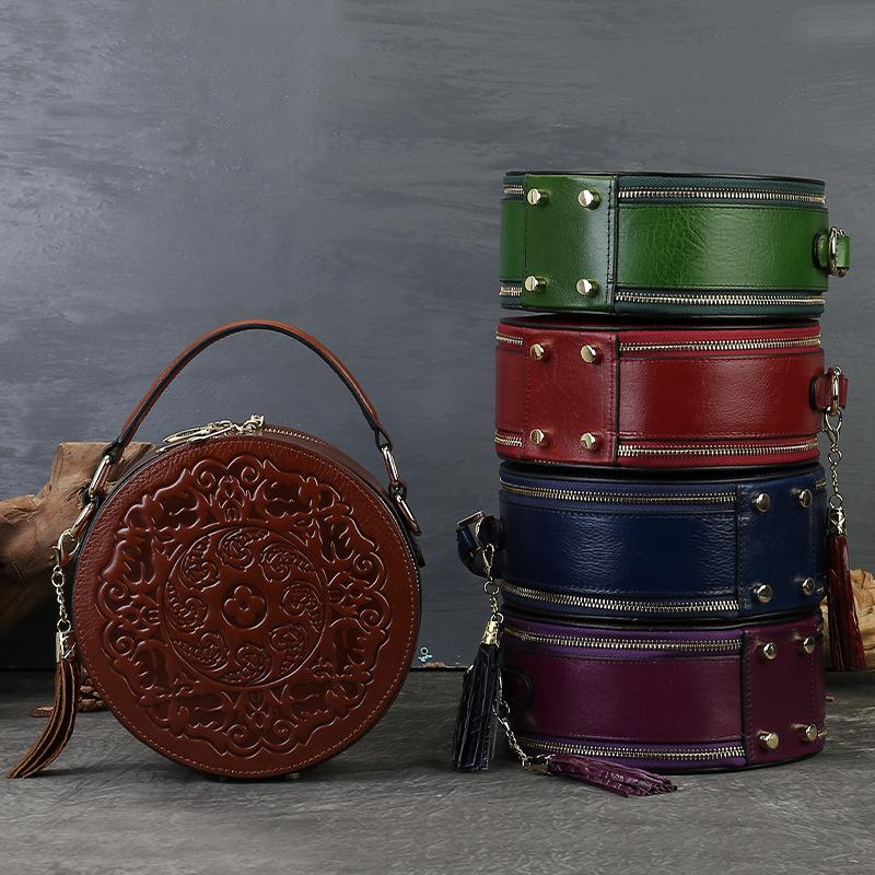 Vintage Embossed Small Round Bag, Transfer Handbag, Festive Women's Bag, Genuine Leather Bag, High-end Women's Shoulder Crossbody Bag