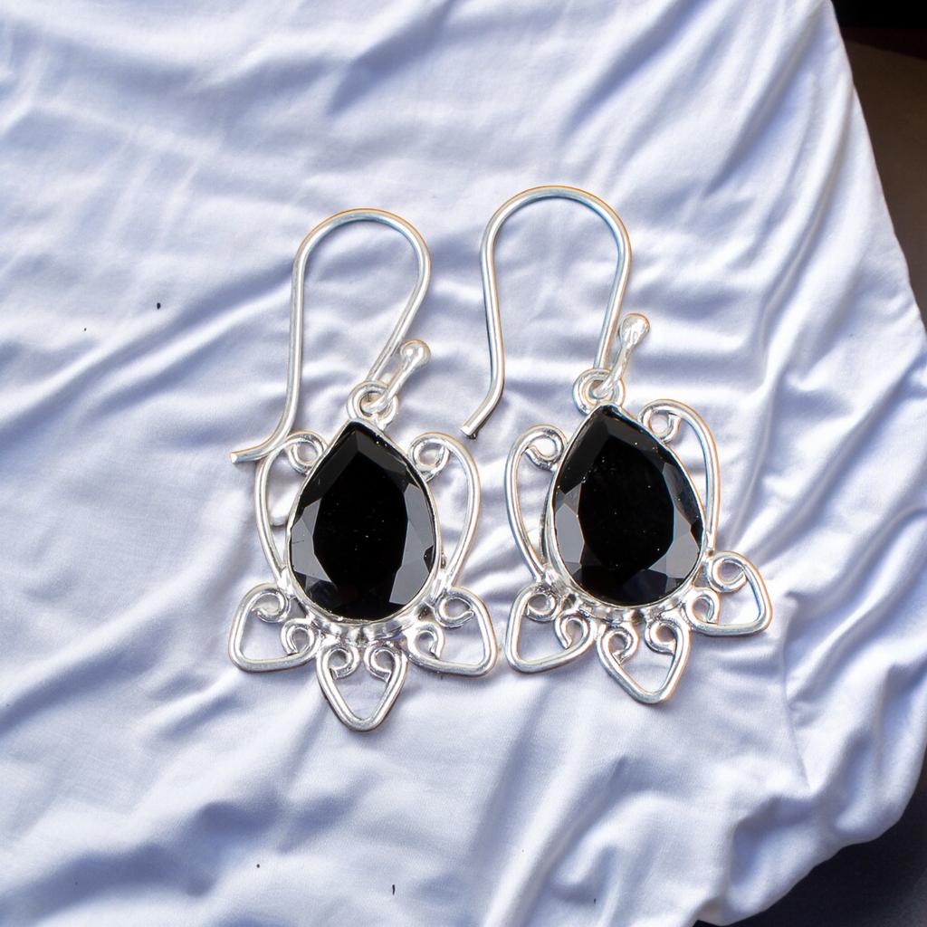 Natural Black Onyx Gemstone 925 Sterling Silver Handmade Jewelry Earrings 1.70" EE-40-13