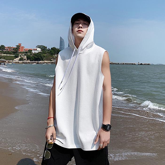 2022 Summer Men's Hip Hop Hooded Sleeveless Tank Top - Trendy Solid Color for Students