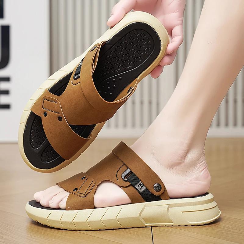 Fashion Men's Summer Fashion Sandals Thick Bottom Anti-slip Casual Beach Shoes Soft Leather Breathable Two-use Slippers