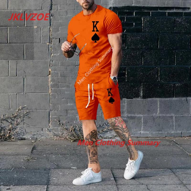 New Men Tshirt Suit Fashion 3D Printed K Solid Color 2-piece Set Street Short Shirts Shorts Pants Oversized Set Male Clothing