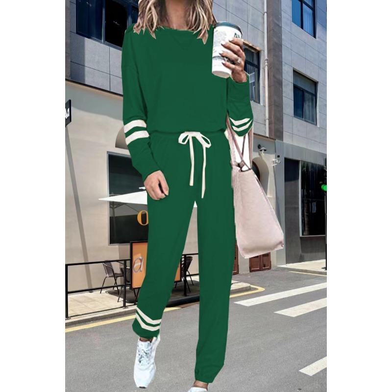 Damen Gestreifte Bündchen Langarm Kordelzug Locker Freizeit Trainingsanzug 2-teiliges Hosen-Set Loungewear Outfits