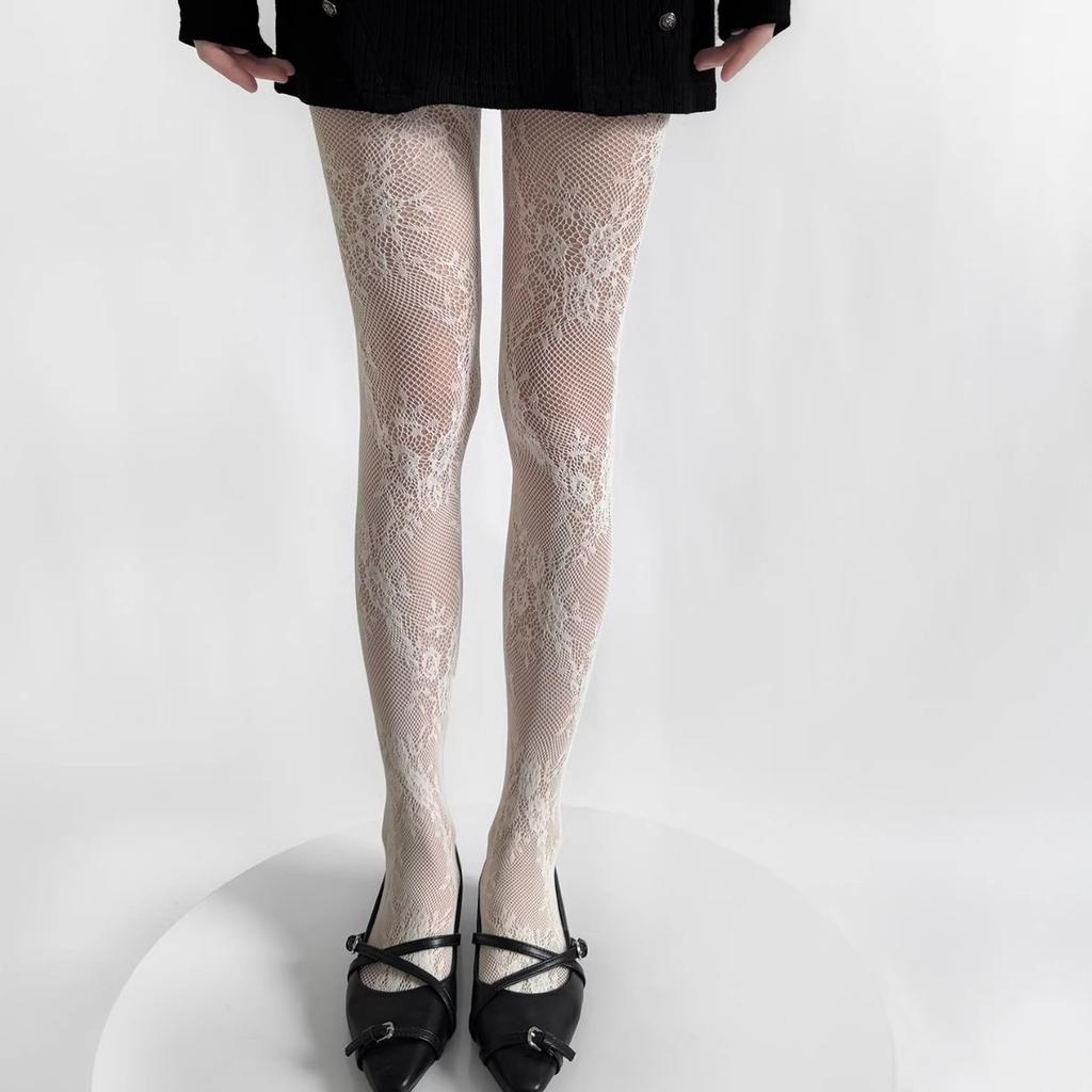 Collant in Pizzo Calze Bianche Puro Desiderio Sexy Rose Rete Vuota Leggings Sottili da Donna Primavera Estate