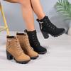 Autumn and winter new large-size women's boots rhinestone high-heeled round head lace-up thick-heeled fashion boots