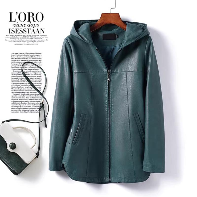 Women Split Leather Hooded Jacket Spring