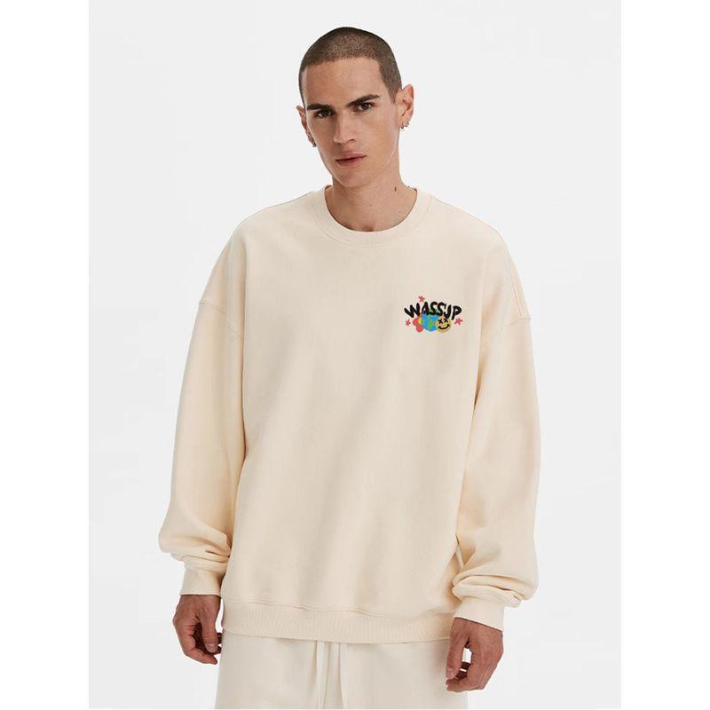 Wassup Heods Fleece-Lined Crewneck Sweatshirt for Men, Trendy American High Street Style, Loose Fit Top, Heavyweight Autumn and Winter Couple Wear