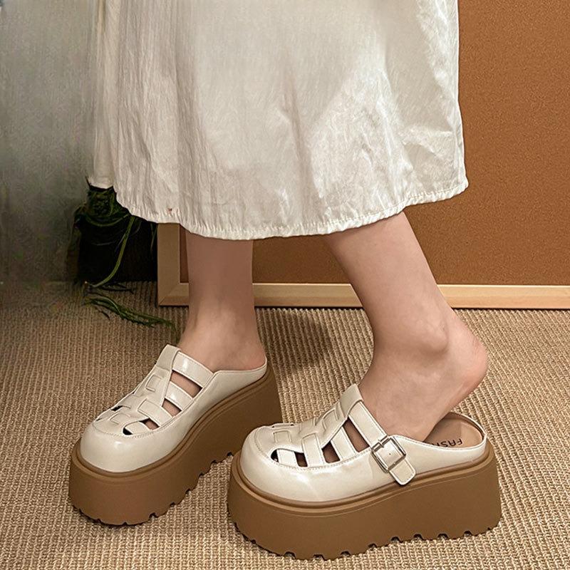 

Туфли-сандалии с вырезами, женские, на толстой подошве-маффине, увеличивающие рост, шлепанцы 40 бежевый